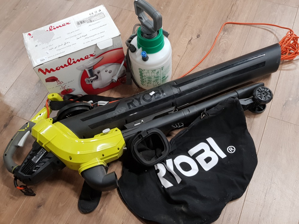 RYOBI 300W GARDEN VAC TOGETHER WITH GARDEN SPRAYER AND BOXED MOULIMEX MEAT GRINDER