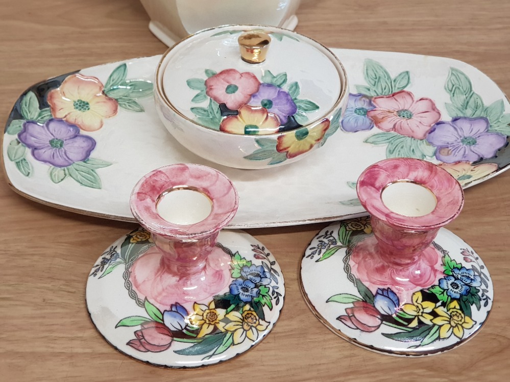 A PAIR OF PINK MALING CANDLESTICKS AND THREE PIECES OF MALING LUSTER INCLUDES LARGE JUG, LIDDED BOWL - Image 3 of 3