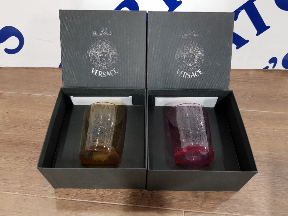 VERSACE FOR ROSENTHAL AMBER AND ROSE GLASS CANDLE HOLDERS WITH COAS IN ORIGINAL BOXES