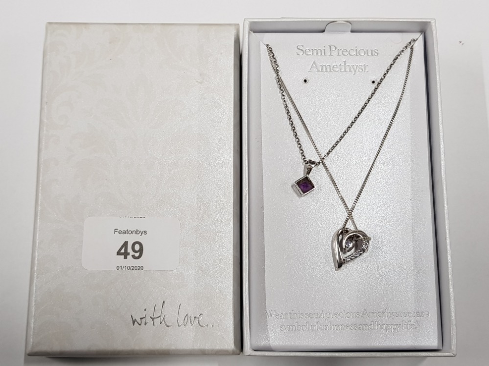 2 SILVER AND SEMI PRECIOUS AMETHYST PENDANTS ON CHAINS IN ORIGINAL GIFT BOX