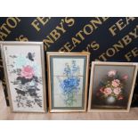 TWO JAPANESE PRINTS OF FLOWERS, ONE SIGNED, ALONG WITH A PRINT OF A VASE OF FLOWERS SIGNED BY S.