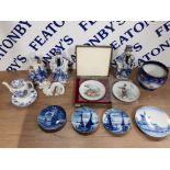 3 20TH CENTURY PORCELAIN FIGURES OF MANDARIN AND 2 CHINESE PLATES INC COLLECTORS PLATES