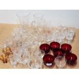 LARGE QUANTITY OF MISCELLANEOUS GLASS WARE INCL WATER JUGS, SUNDAE DISHES AND RED GLASS ETC