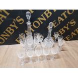 2 CRYSTAL DECANTERS WITH STOPPERS AND 14 DRINKING GLASSES
