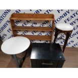 AN ART DECO STYLE OPEN BOOKCASE 92 X 92 X 22.5CM A BEDSIDE CHEST BAR STOOL AND CIRCULAR OCCASIONAL