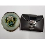 SWAROVSKI CRYSTAL COMPACT MIRROR AND ENAMEL MIRROR WITH FROG AND LILLY PAD DECORATION