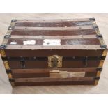 LARGE VINTAGE WOODEN, METAL AND BRASS BOUND TRUNK