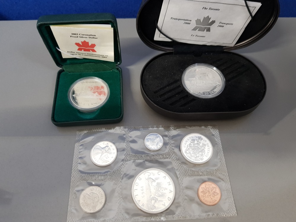 8 CANADA SILVER PROOF COINS SELECTION OF 1965 SET TO $1, 2003 $1 AND 2000 $20