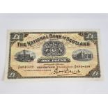 NATIONAL BANK OF SCOTLAND 1 POUND BANKNOTE DATED 11-11-1933, SERIES A/F PICK 257A, PRESSED GOOD