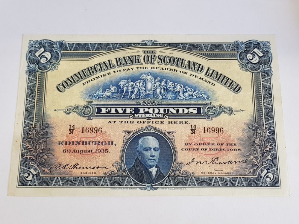 SCOTLAND COMMERCIAL BANK OF SCOTLAND LTD 5 POUNDS BANKNOTE DATED 6-8-1935, SERIES 14/N 16996, A