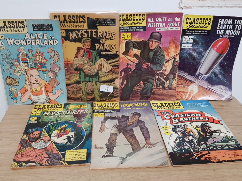 7 VINTAGE CLASSICS ILLUSTRATED COMICS CONTAINS THE TITLES ALICE IN WONDERLAND, MYSTERIES OF PARIS,