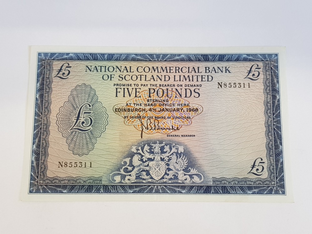 NATIONAL COMMERCIAL BANK OF SCOTLAND 5 POUNDS BANKNOTE DATED 4-1-1966, LAST SERIES N, PICK 272A, EF