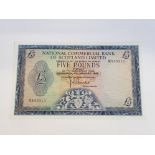 NATIONAL COMMERCIAL BANK OF SCOTLAND 5 POUNDS BANKNOTE DATED 4-1-1966, LAST SERIES N, PICK 272A, EF