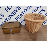 A VINTAGE VANITY STYLE CASE 34 X 18 X 27CM TOGETHER WITH A WICKER LOG BASKET 33CM HIGH