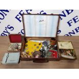 VINTAGE CASE CONTAINING JEWELLERY BOX WITH NECKLACES AND BRACELETS, PIN BADGES AND SMALL KNIFE