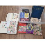 BOX CONTAINING MISCELLANEOUS STAMP ALBUMS AND STAMPS FROM AROUND THE WORLD PLUS STAMP REFRENCE