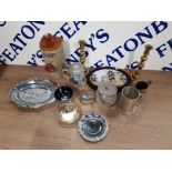 A PAIR OF BRASS CANDLESTICKS PEWTER TANKARD PLATED WARE A TIMOTHY WHITES STONEWARE HOT WATER