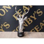 CHROME EFFECT STAGS HEAD BUST MOUNTED ON CYLINDRICAL PLINTH BASE, HEIGHT 33CM