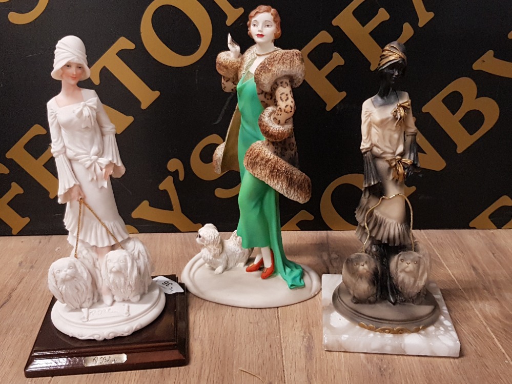 COALPORT FIGURINE ART DECO LADY WITH DOG TOGETHER WITH 2 MORE OF THE SAME STYLE, MADE IN ITALY