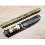 SHEFFIELD BLADE SHEATH KNIFE AND BRASS DRESSED SPIRIT LEVEL