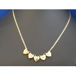 20CT GOLD AND 0.5CT DIAMOND NECKLET WITH HEART PENDANTS, 11.8G