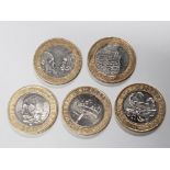 5 COLLECTABLE 2 POUND COINS INCLUDES 3 SHAKESPEARE COINS DATED 2016 THE HOLLOW CROWN, ALL THE WORLDS