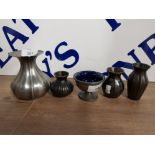 VINTAGE PEWTER BOWL WITH LINER A PEWTER VASE AND THREE BRONZE STYLE VASES TALLEST 10.5CM HIGH