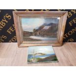 SIGNED OIL ON CANVAS OF A LAKE SCENE AND UNFRAMED OIL ON CANVAS PAINTING SIGNED AND DEDICATED