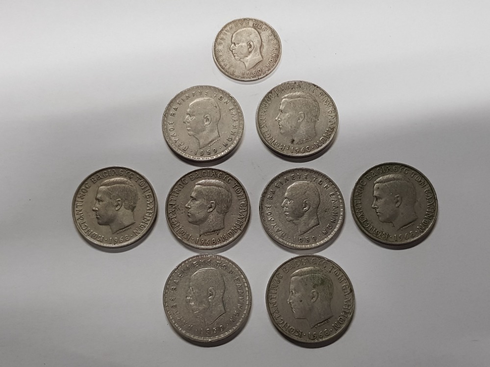 9 GREEK COINS INCLUDES EIGHT 10 DRACHMES AND ONE 20 DRACHMES - Bild 2 aus 2