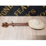 EXTENSIVELY CARVED BOSNIAN GUSLE ONE STRINGED INSTRUMENT WITH RAM HEAD FINIAL
