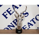 CHROME EFFECT STAGS HEAD BUST MOUNTED ON CYLINDRICAL PLINTH BASE, HEIGHT 33CM