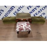 TWO FOOTSTOOLS AND KNEE RESTS UPHOLSTERED IN GREEN DRAYLON AND FRENCH STYLE FABRIC