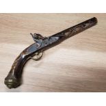 REPLICA FLINTLOCK PISTOL WITH INLAID SILVER STRINGING AND MOTHER OF PEARL BRASS MOUNTS