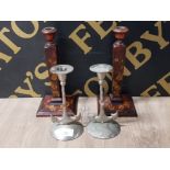 PAIR OF NAUTICAL ANCHOR PLATED CANDLESTICKS PLUS PAIR OF COUNTRY SQUARE FLORAL DECORATED