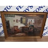 A LARGE OIL PAINTING OF INTERIOR SCENE WITH LADY READING INDISTINCTLY SIGNED 62 X 90.5CM