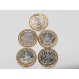 5 COLLECTABLE 2 POUND COINS INCLUDES 2015 AND 2016 WWI ANNIVERSARY COINS AND 2005 WWII COIN PLUS