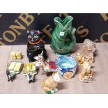 BOX OF MISCELLANEOUS POTTERY CONTAINING VINTAGE DARTMOUTH DEVON GREEN GURGLE FISH JUG ETC