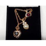 3 GOLD PLATED PENDANTS GARNET, SAPPHIRE AND PEARL SET ON CHAINS