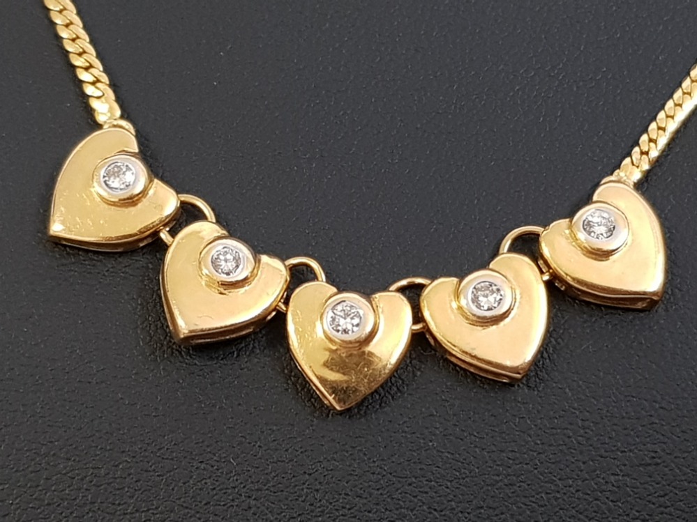 20CT GOLD AND 0.5CT DIAMOND NECKLET WITH HEART PENDANTS, 11.8G - Image 2 of 3
