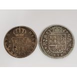 2 SPANISH SILVER REALES COINS DATED 1708 AND 1808