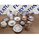LOT OF POTTERY INCLUDING WORCESTER BLUE AND WHITE CUP AND A AQUATIC JUG WITH BIRD FEATURED ETC