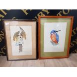 TWO WATERCOLOURS OF A KINGFISHER AND BARN OWL WITH MOUSE, SIGNED T.A.W AND DATED 83, 38.5X27.5