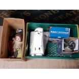 MIXED LOTS CONTAINING A SEWING MACHINE, EASY STITCH MACHINE, VARIOUS SMALL DOLLS AND JUMPING COW
