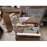 A LARGE COLLECTION OF ARTISTS CANVASES BOARDS PAPER FRAMES AND GLAZING