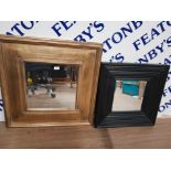 TWO MODERN SQUARE SHAPED BEVELLED MIRRORS GILT 74 X 74CM AND BLACK FRAME 60 X 60CM