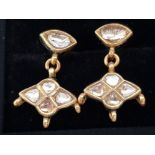 VERY UNIQUE HANDMADE 14CT GOLD AND DIAMOND EARRINGS WITH ORNATE COLOUR PATTERN ON REVERSO, 4.7G