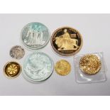 7 MISC COINS INCLUDING FANTASIES AND REPLICAS, UNA AND THE LION 5 POUND SILVER GILT .999 STAMPED