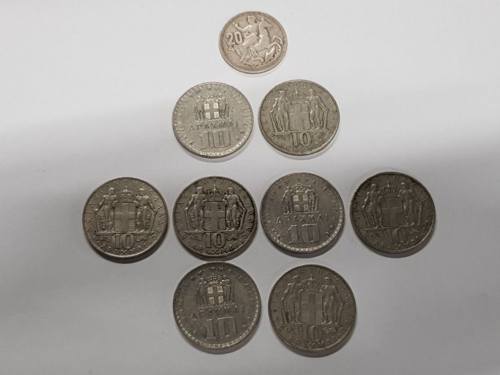 9 GREEK COINS INCLUDES EIGHT 10 DRACHMES AND ONE 20 DRACHMES
