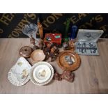 WOODEN ORNAMENTS TO INCLUDE DON QUIXOTE AND SANCHO PANCA JAPANESE JEWELLERY BOX CUT GLASS VASE ETC