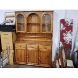 PINE KITCHEN DRESSER, FITTED WITH TWIN GLAZED DOORS AND 3 BELOW CUPBOARDS AND DRAWERS